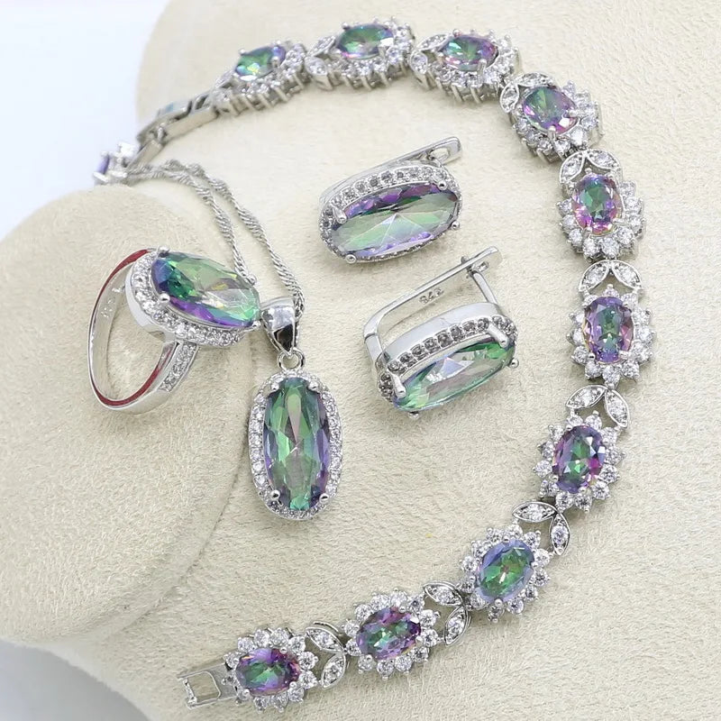 Silver 925 Jewelry Set Bridal For Women Rainbow Topaz Wedding Bracelet Necklace Rings Birthday Gift