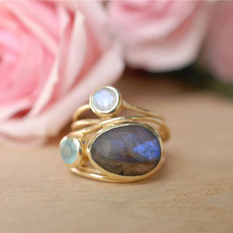 Delicate Multi-layers Cross Moonstone Rings for Women Boho Gold Color Round Opal Resin Simulated Shell Rings