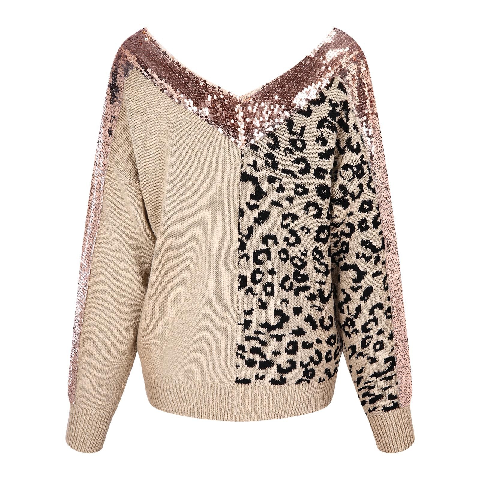 KIMLUD, Women Sweater Stitching Leopard Print Sequin Blouse V Neck Temperament Pullover Long Sleeved Female Casual Elegant Pullover, KIMLUD Womens Clothes