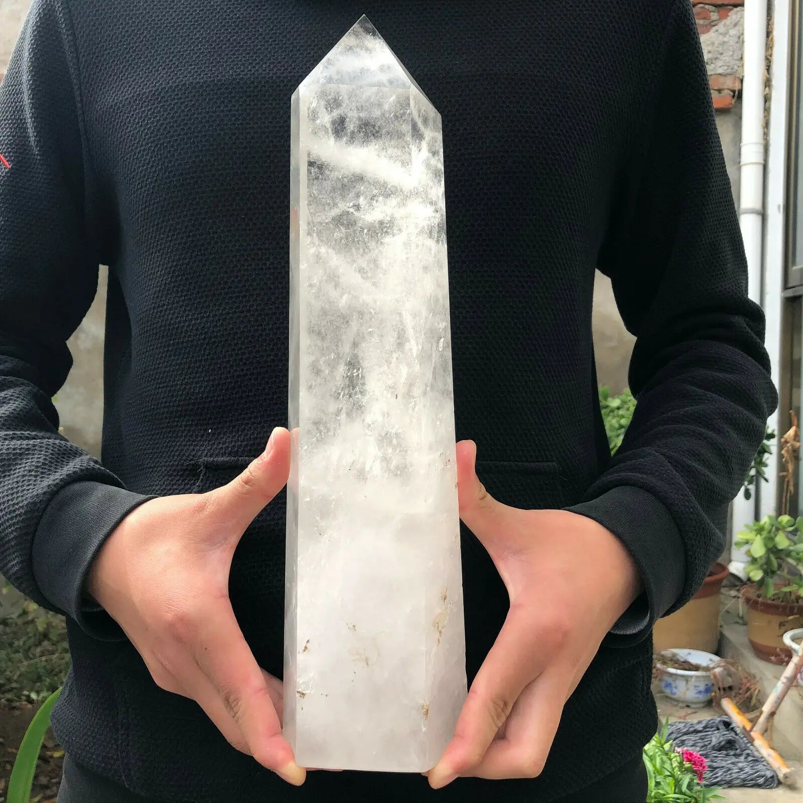 Natural White Quartz Hand Carved Crystal Tower Wand Reiki Healing - KIMLUD