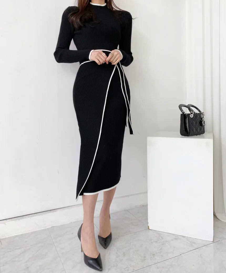 New Retro Knitted Bodycon Dress Women Korean Fashion Autumn Winter Half High Collar Lace Up Elegant Sweater Dresses Vestidos