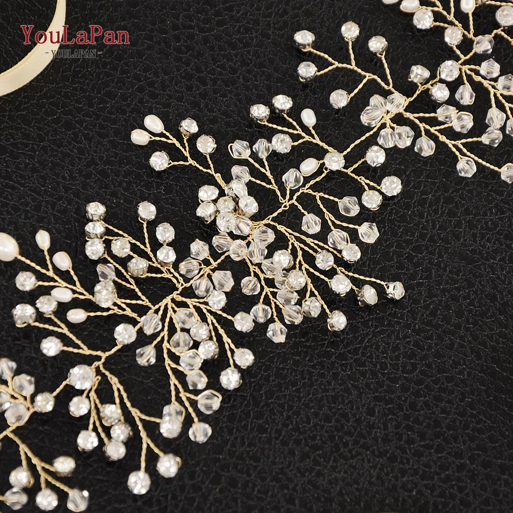 YouLaPan SH10 Golden Wedding Belt Pearls Crystal Belt Handmade Rhinestone Belt for Wedding Accessories Golden Bridal Sash Belt