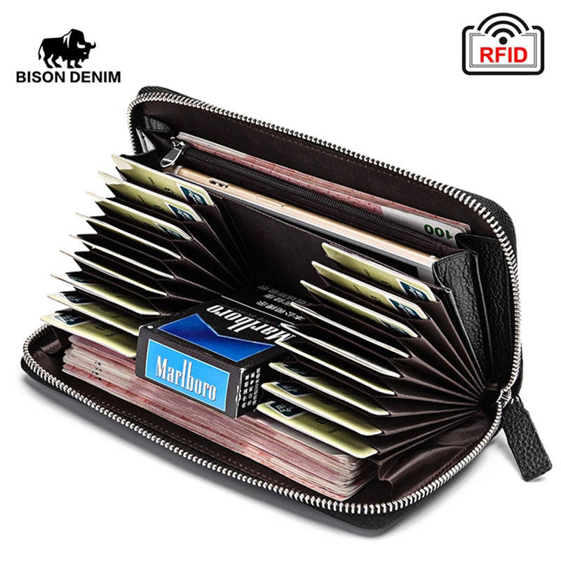 BISON DENIM 100% Cow Leather Clutch Wallets for Men RFID Blocking Card Holder Wallet Coin Purse Long Phone Wallet W8226