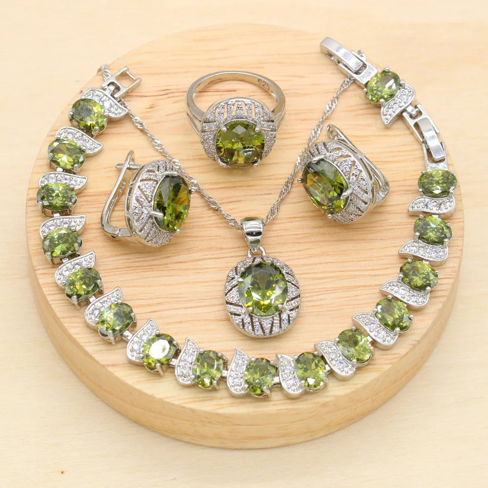 KIMLUD, 925 Sterling Silver Luxury Popular Olive Green Stones Cubic Zirconia Jewelry Sets For Women Earrings Pendant Necklace Bracelet, Olive Green  4PCS / 6, KIMLUD APPAREL - Womens Clothes