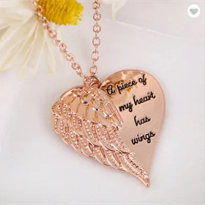 KIMLUD, Hot Sale Women Necklace Letter A Piece Of My Heart Has Wings Gold Silver Alloy Love Heart Wings Pendant Feather Angel Necklaces, KIMLUD Womens Clothes