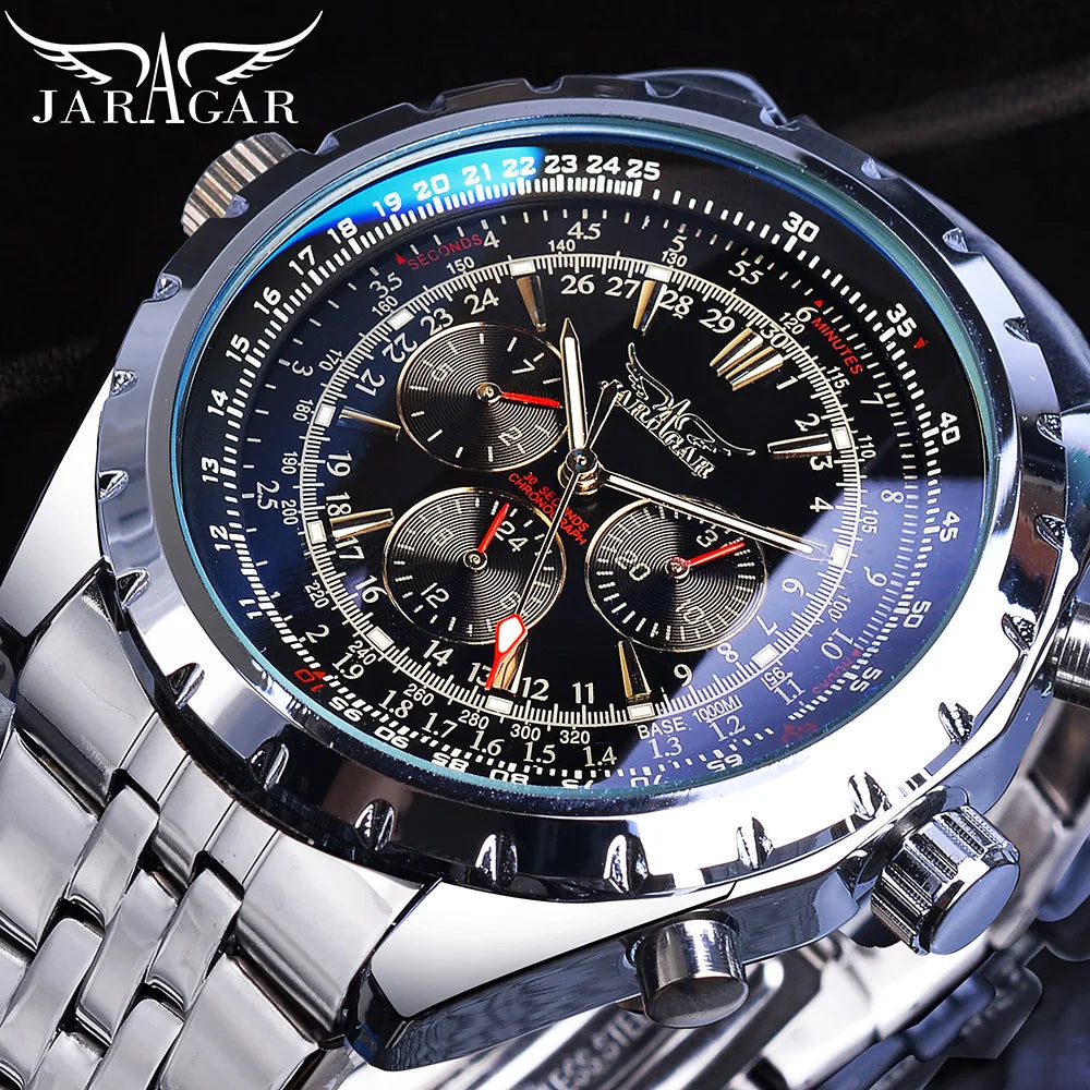 Jaragar Blue Glass Design Black Silver Automatic Watch Stainless Steel Date Clock Luminous Men Business Mechanical Wristwatch