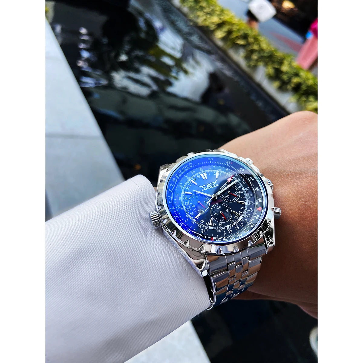 KIMLUD, Jaragar Blue Glass Design Black Silver Automatic Watch Stainless Steel Date Clock Luminous Men Business Mechanical Wristwatch, KIMLUD Womens Clothes