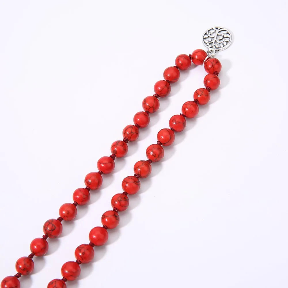 8mm Red Turquoise Knotted 108 Mala Beaded Necklace Meditation Yoga Blessing  Jewelry for Men and Women