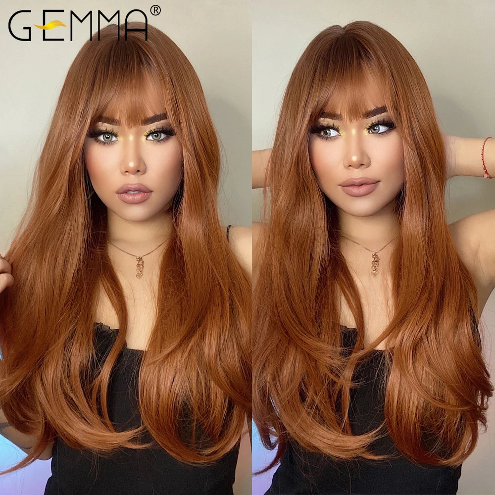 GEMMA Red Brown Copper Ginger Long Straight Synthetic Wigs for Women Natural Wave Wigs with Bangs Heat Resistant Cosplay Hair - KIMLUD