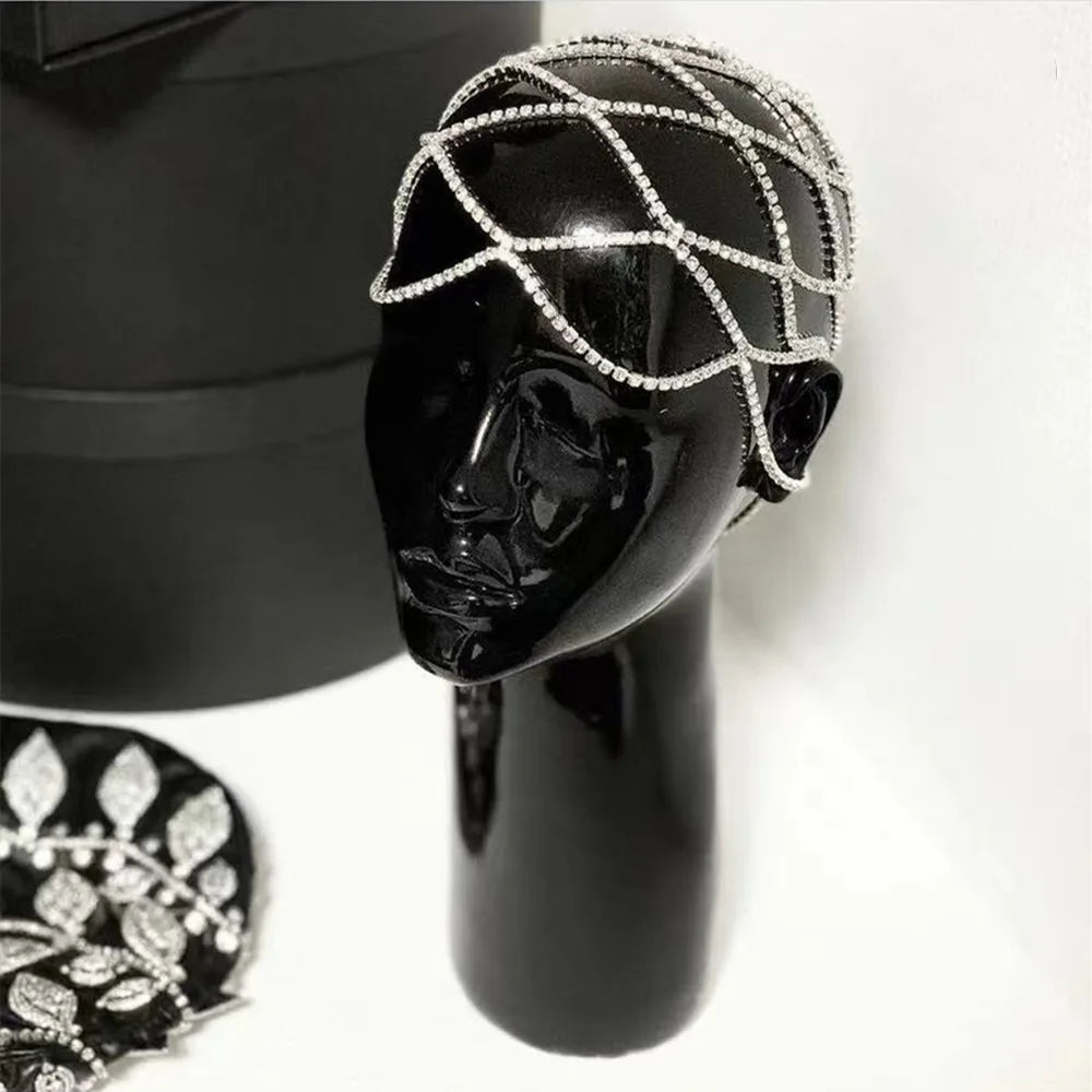 2021 Hollow Rhinestone Mesh Headpiece Wedding Head Chain Jewelry for Women Luxury Crystal Headband Head Cap Hat Hair Accessories