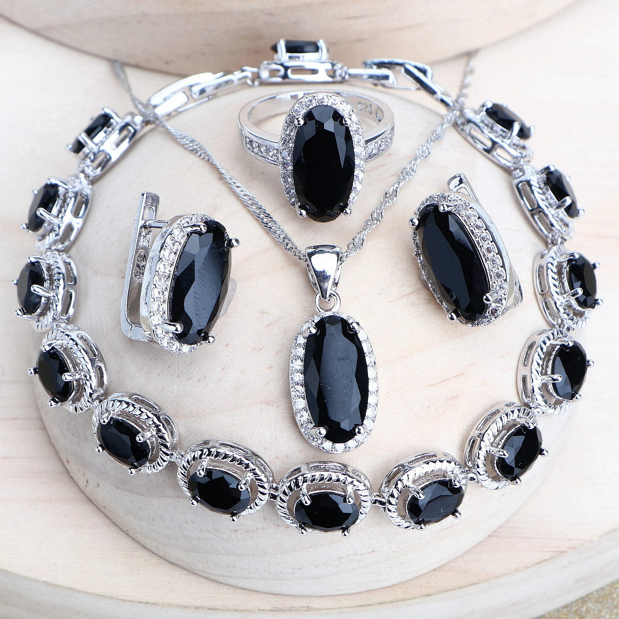 Trendy Women Bridal Jewelry Sets Silver 925 Black Cubic Zirconia Jewellery Wedding Earrings Rings Bracelets Pendant Necklace