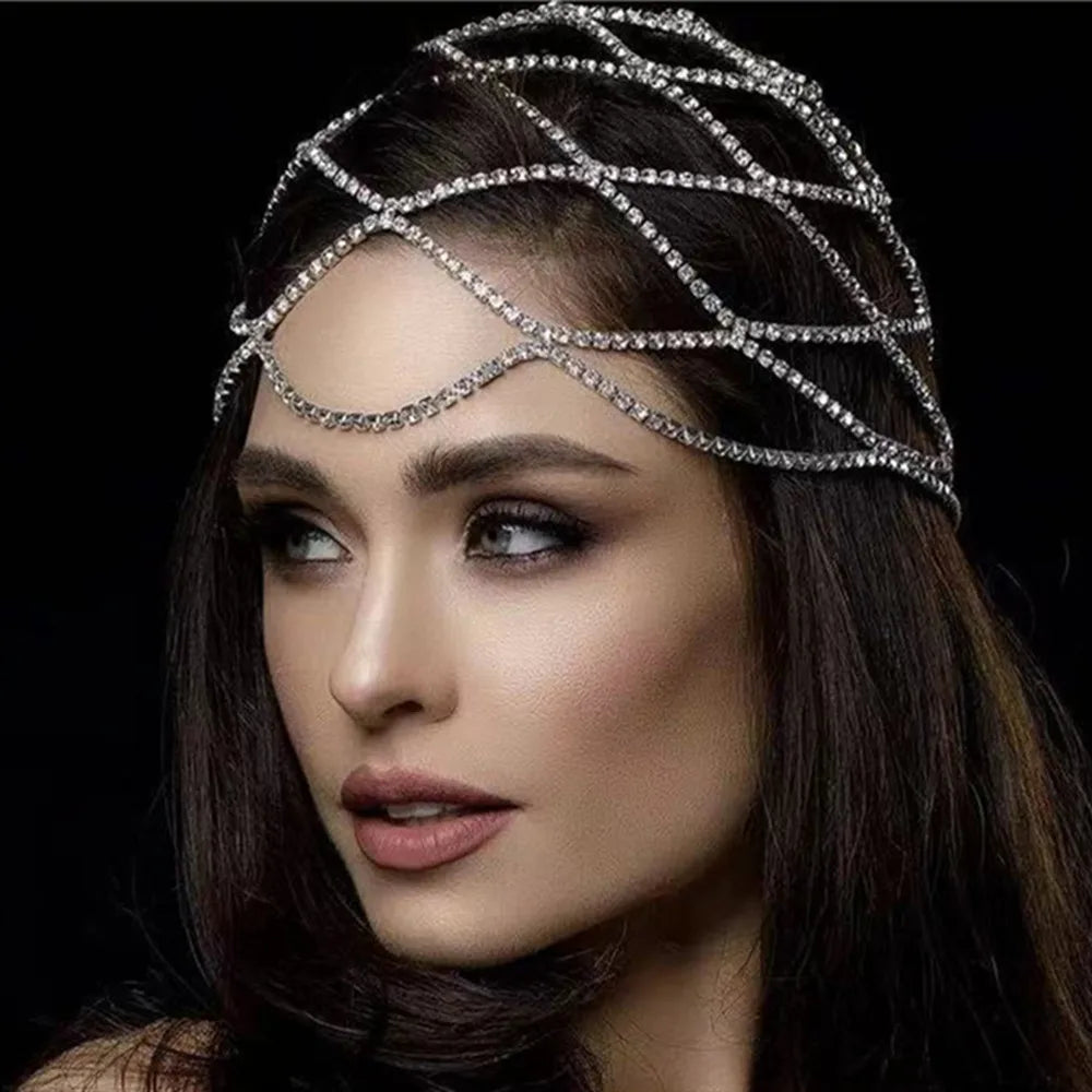 2021 Hollow Rhinestone Mesh Headpiece Wedding Head Chain Jewelry for Women Luxury Crystal Headband Head Cap Hat Hair Accessories