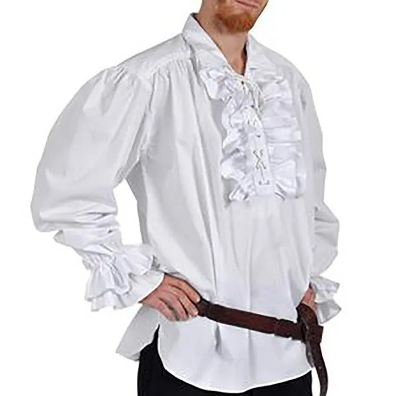 Halloween Medieval Pirate Costume Mens Ruffle Jabot Top Shirt Lacing Up Pirate Victorian Colonial Cosplay Outfit For Adult Women