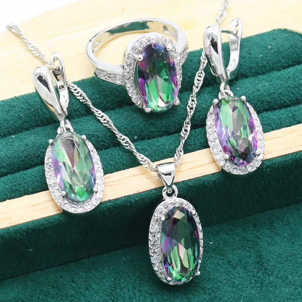 Rainbow Topaz 925 Sterling Silver Jewelry Sets For Women Bracelet Earrings Necklace pendant Ring Classic Birthday Gift