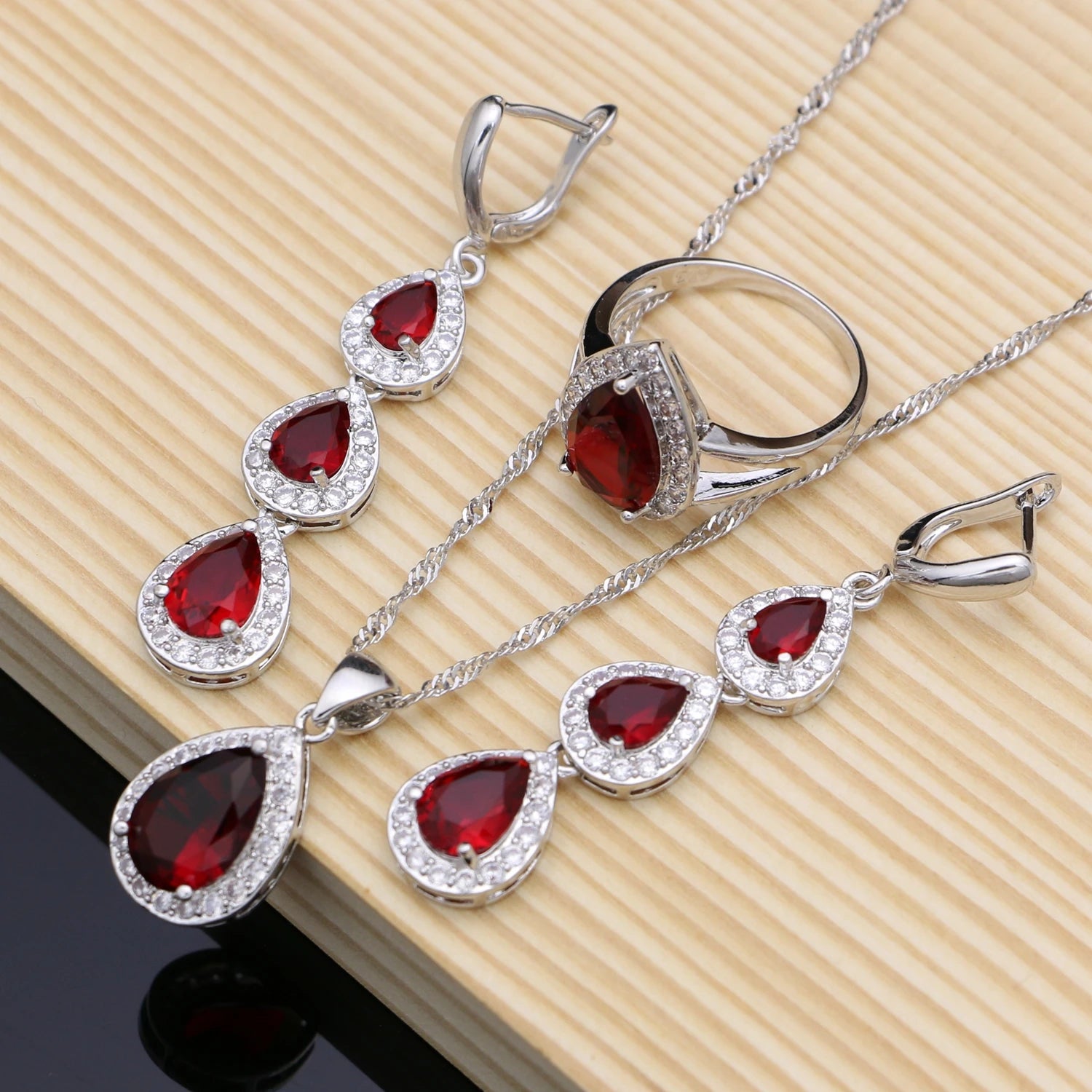 Water Drop Silver 925 Jewelry Red Ruby White Topaz Jewelry Sets Women Long Earrings/Pendant/Necklace/Rings/Bracelet Dropshipping