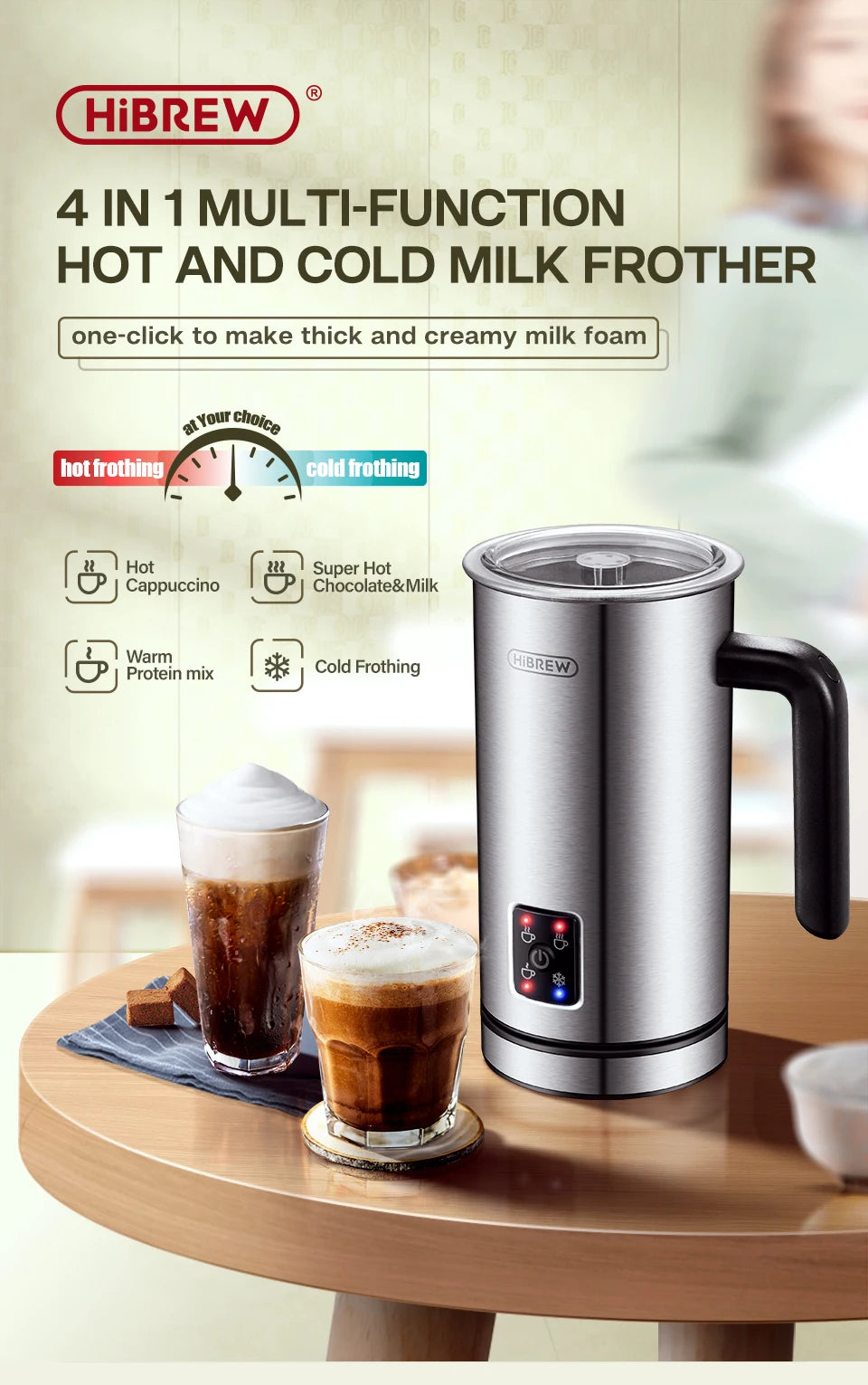 HiBREW 4 in 1 Milk Frother Frothing Foamer Fully automatic Milk Warmer Cold/Hot Latte Cappuccino Chocolate Protein powder M3