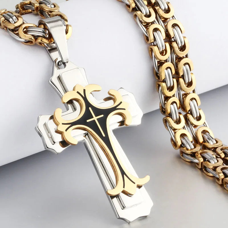 Religious Men Stainless Steel Crucifix Cross Pendant Necklace Heavy Byzantine Chain Necklaces Jesus Christ Holy Jewelry Gifts