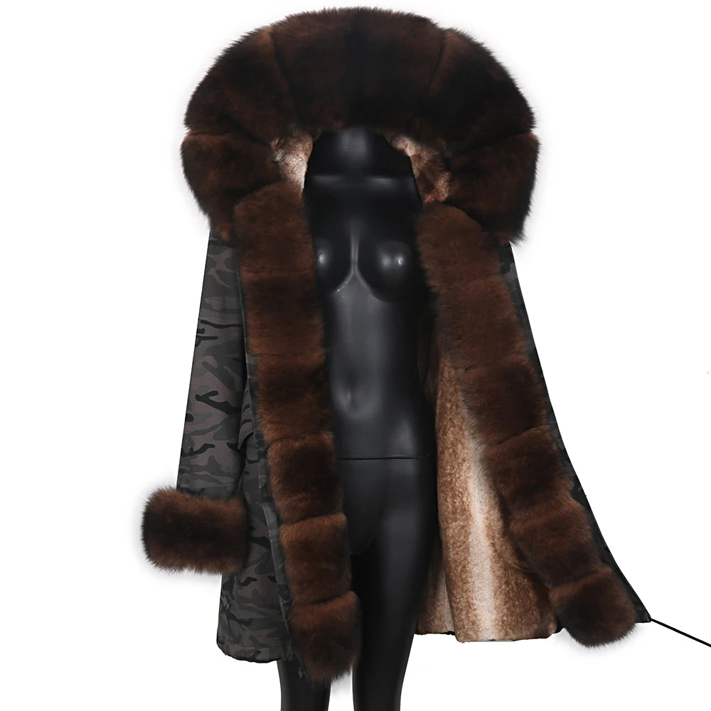 2023 Natural Real Fox Fur Jacke Coat Real Fox Fur Collar Cuff Hooded Coat Short Parka Long Camouflage winter jacket