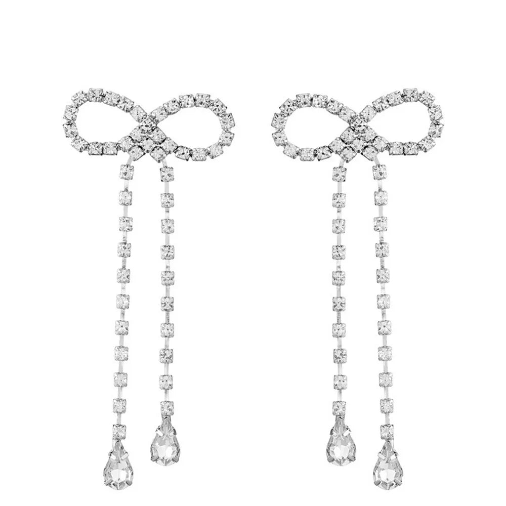 Korean Rhinestone Sweet Bow Long Tassel Water Drop Pendant Drop Earrings for Women Luxury Crystal Long Chain Dangle Earrings