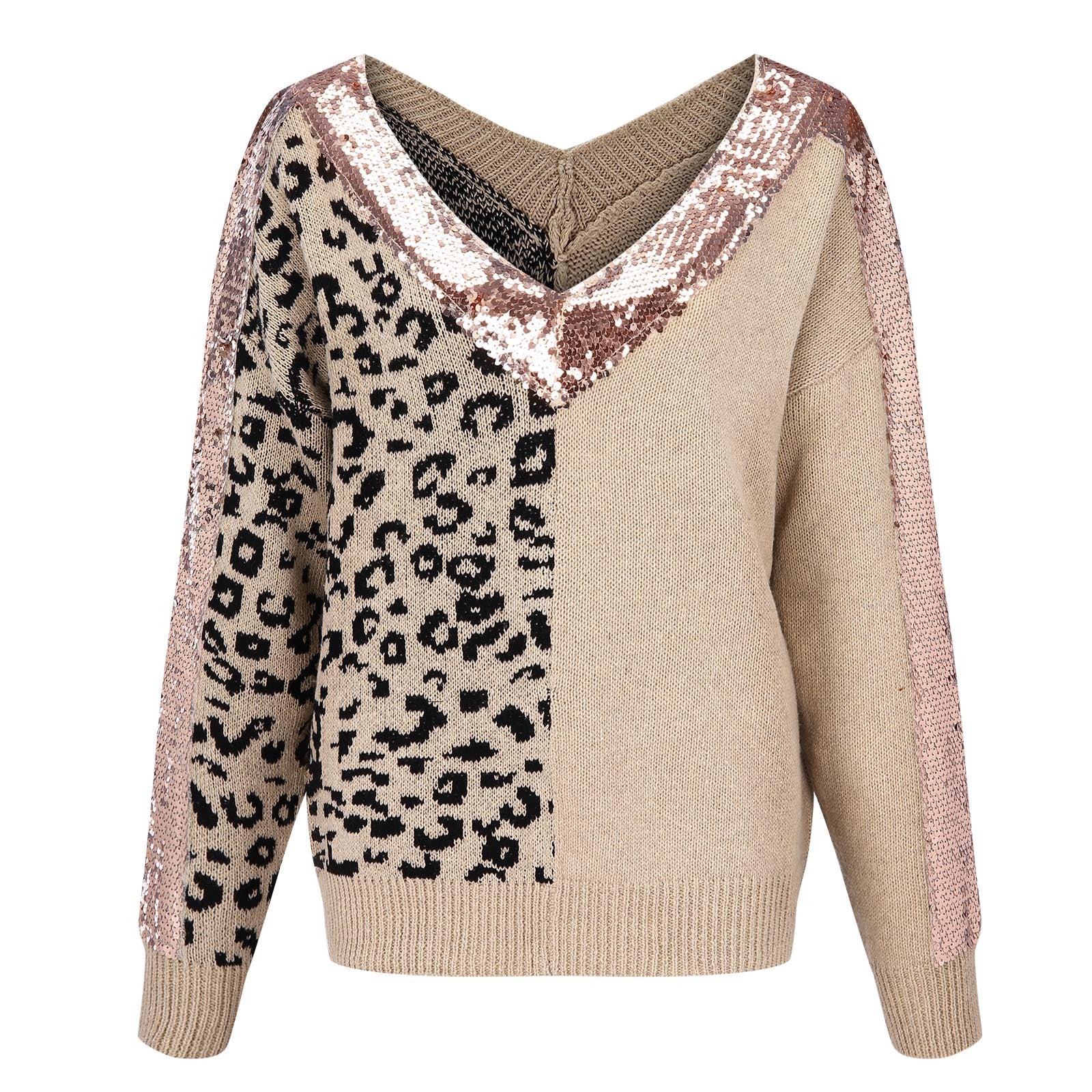 KIMLUD, Women Sweater Stitching Leopard Print Sequin Blouse V Neck Temperament Pullover Long Sleeved Female Casual Elegant Pullover, KIMLUD Womens Clothes