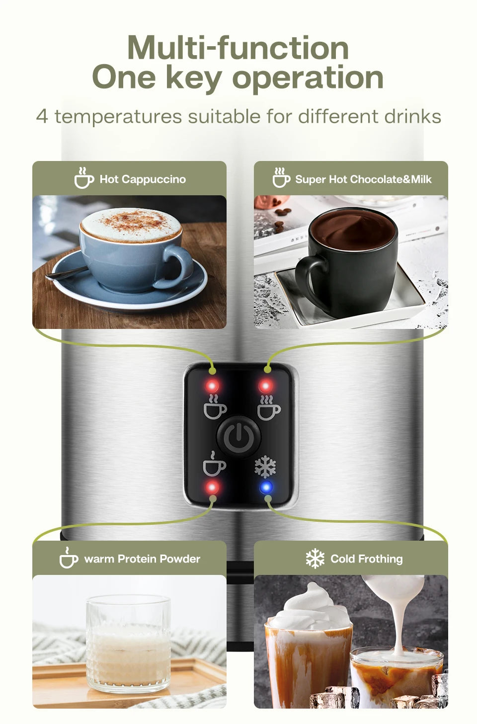 HiBREW 4 in 1 Milk Frother Frothing Foamer Fully automatic Milk Warmer Cold/Hot Latte Cappuccino Chocolate Protein powder M3