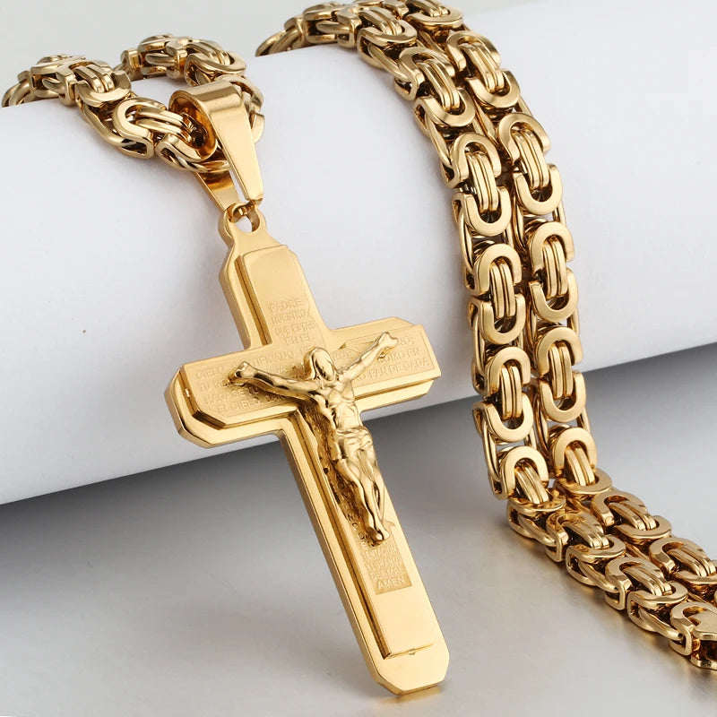 Religious Men Stainless Steel Crucifix Cross Pendant Necklace Heavy Byzantine Chain Necklaces Jesus Christ Holy Jewelry Gifts