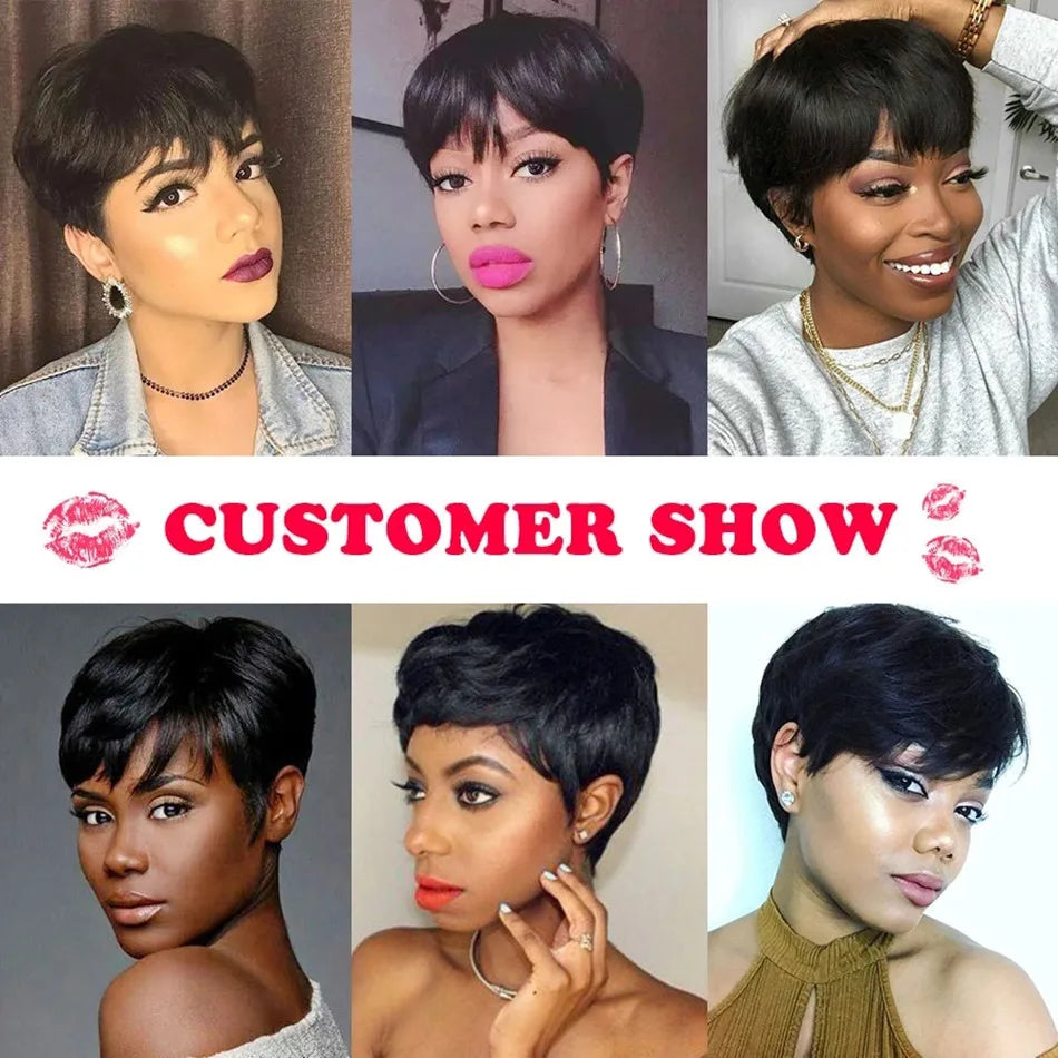 KIMLUD, Pixie Cut Wigs For Women Human Hair Short Bob Wig With Bangs Layered Pixie Cut Wig 9A Brazilian Human Hair Full Machine Made Wig, KIMLUD Womens Clothes