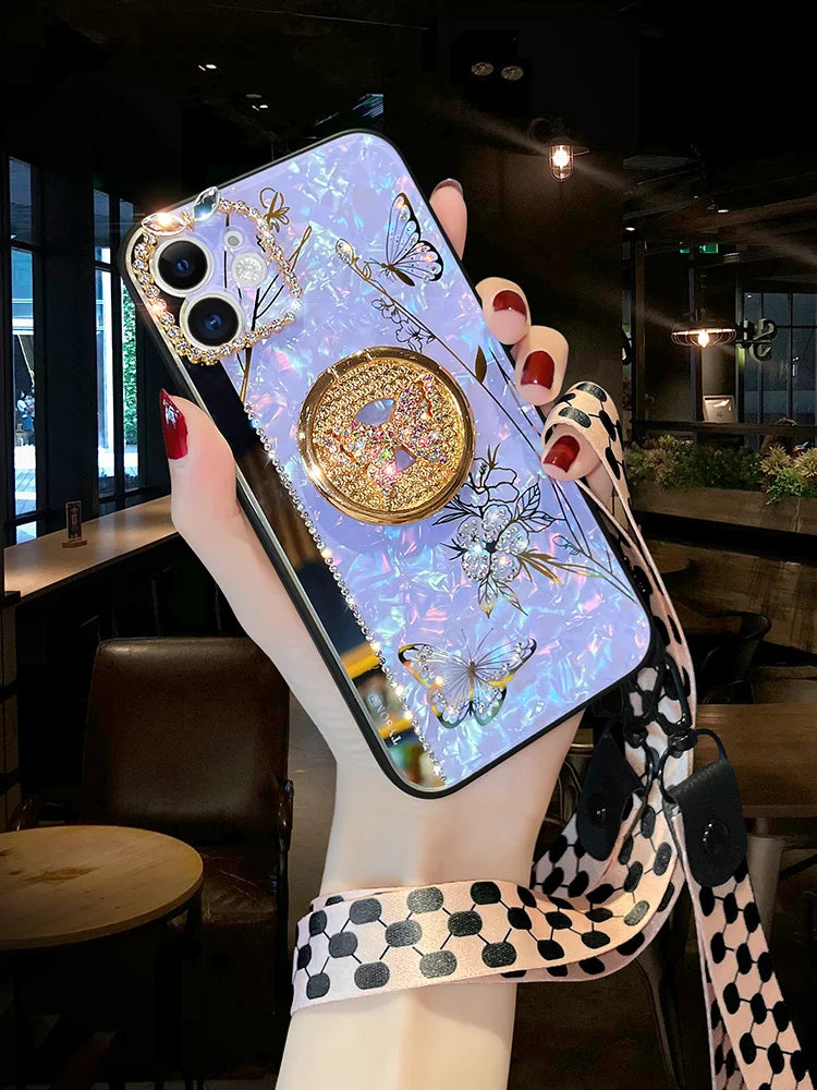 Luxury Glitter Diamond Mirror Butterfly Holder Phone Case For iPhone 15 14 13 12 11 Pro Max X XR XS 7 8 Plus Lanyard Bling Cover