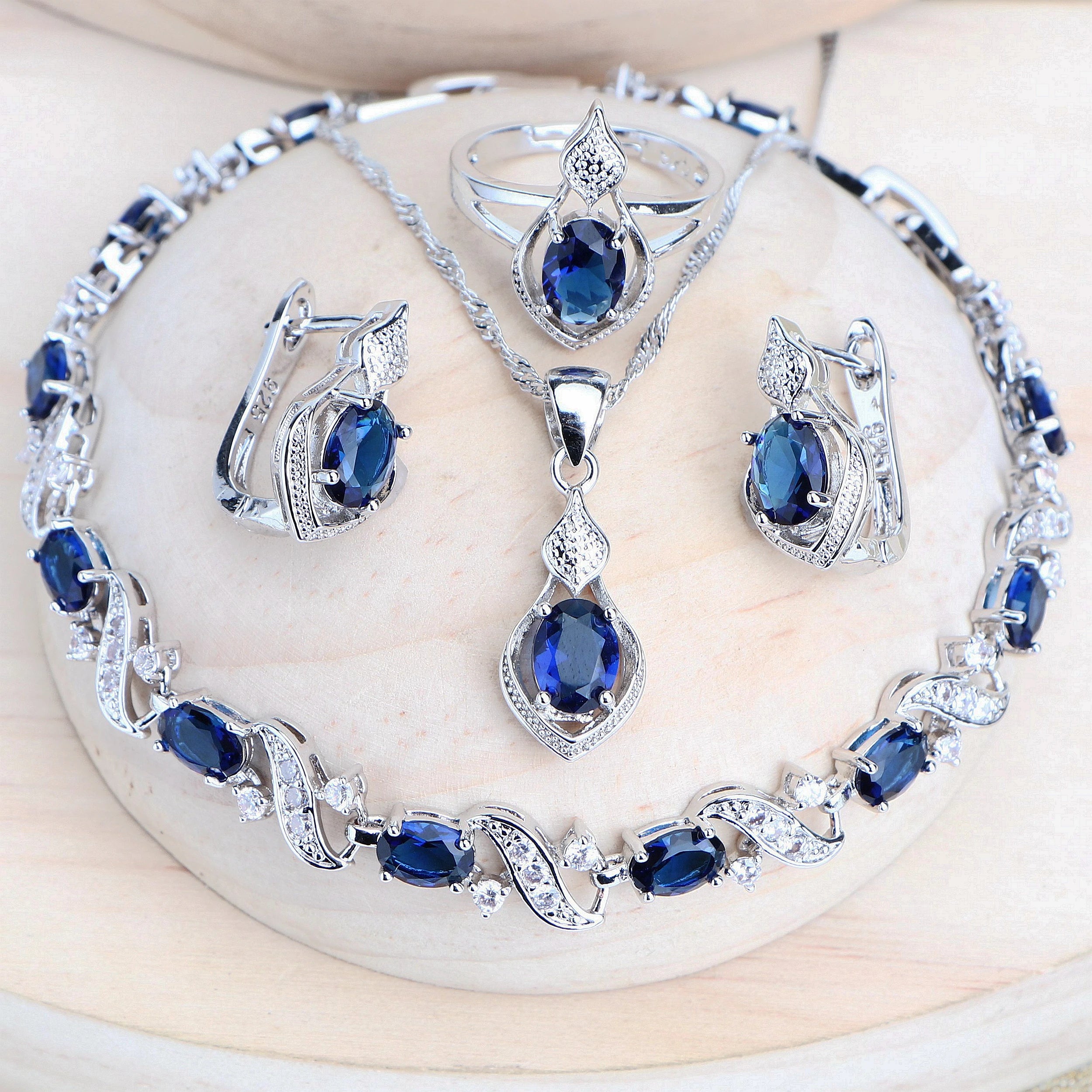 Women Silver 925 Bridal Jewelry Sets Blue Cubic Zirconia Costume Jewellery Wedding Earrings Rings Bracelets Pendant Necklace