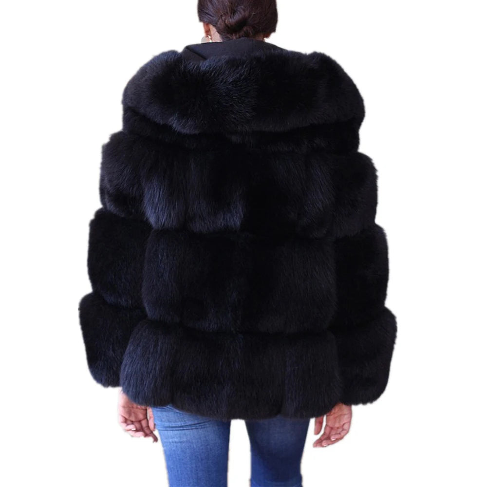 HJQJLJLS 2021 Winter New Women Elegant Black Faux Fox Fur Coat Hooded Female Thick Warm Fluffy Artificial Fur Coat Fur Jacket