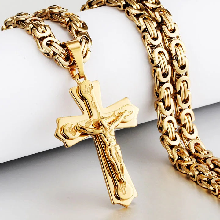 Religious Men Stainless Steel Crucifix Cross Pendant Necklace Heavy Byzantine Chain Necklaces Jesus Christ Holy Jewelry Gifts