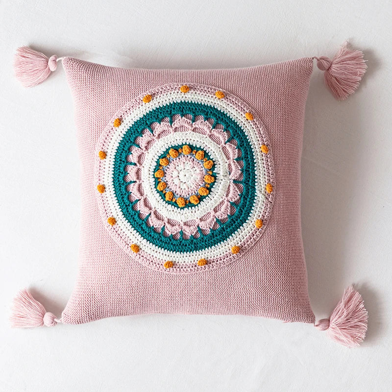 Floral Cuhion Cover 45x45cm Pillow Cove Pink Cream Yellow Green Tassels Acrylic Knit Home decoration Pillow Case  For sofa Bed