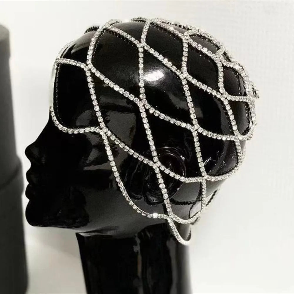 2021 Hollow Rhinestone Mesh Headpiece Wedding Head Chain Jewelry for Women Luxury Crystal Headband Head Cap Hat Hair Accessories