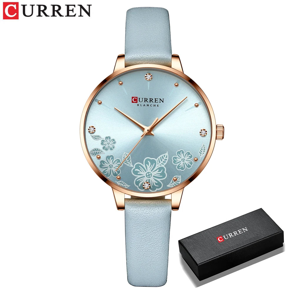 CURREN Watches Women Brand Leather Quartz Wristwatches Luxury Design Clock for Ladies Charm Flowers Dial Montre Femme