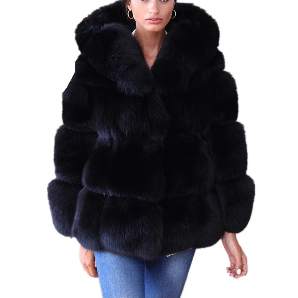 HJQJLJLS 2021 Winter New Women Elegant Black Faux Fox Fur Coat Hooded Female Thick Warm Fluffy Artificial Fur Coat Fur Jacket