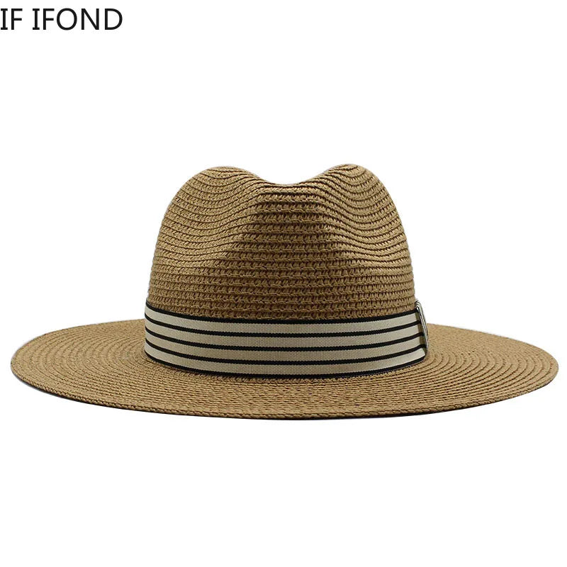 Panama Summer Straw Hats for Women Men Wide Brim Breathable Sun Beach Straw Hat UV Protection Fedora Cap