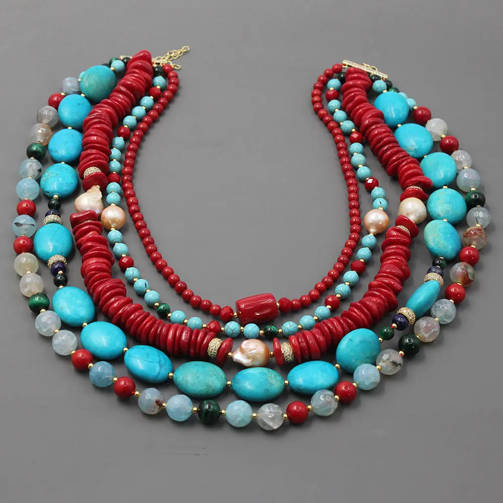 KIMLUD, GG 5 Rows Freshwater Keshi Pearl Howlite Rondelle Tiger eye Red Coral Lapis Crystal Statement Necklace Handmade For Women, KIMLUD Womens Clothes