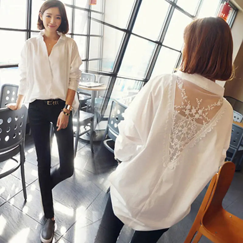 KIMLUD, Blouse Women Shirt Women&#39;s Top Sexy Backless Lace Loose Large Size White Shirt Blusas Ropa De Mujer, KIMLUD Womens Clothes