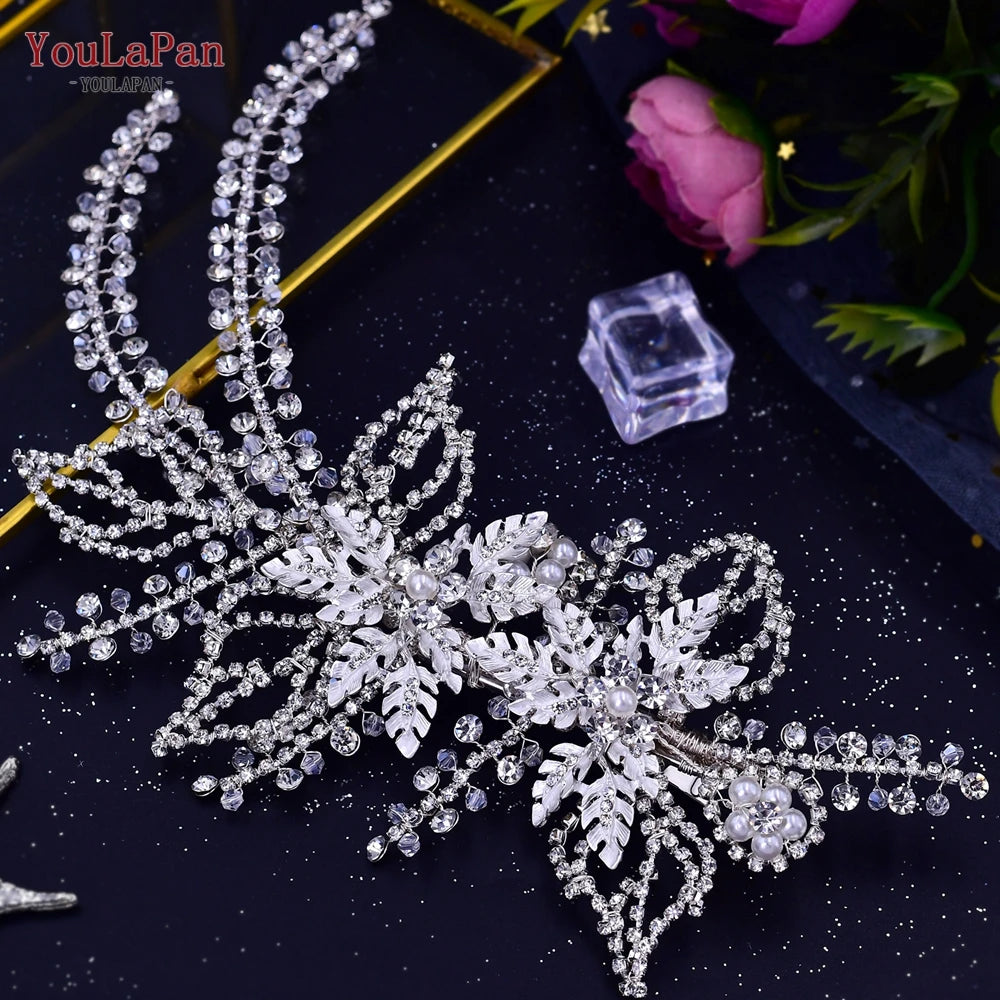 TOPQUEEN HP254 Bridal Side Clip Wedding Tiara Bridal Hairpins Handmade Rhinestone Women Headwear Alloy Flower Bride Headdress