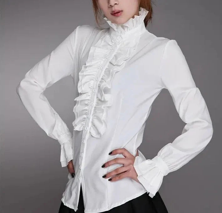 Fashion Victorian Blouses Women OL Office Ladies White Shirt High Neck Frill Ruffle Cuffs Shirts Female Blouse