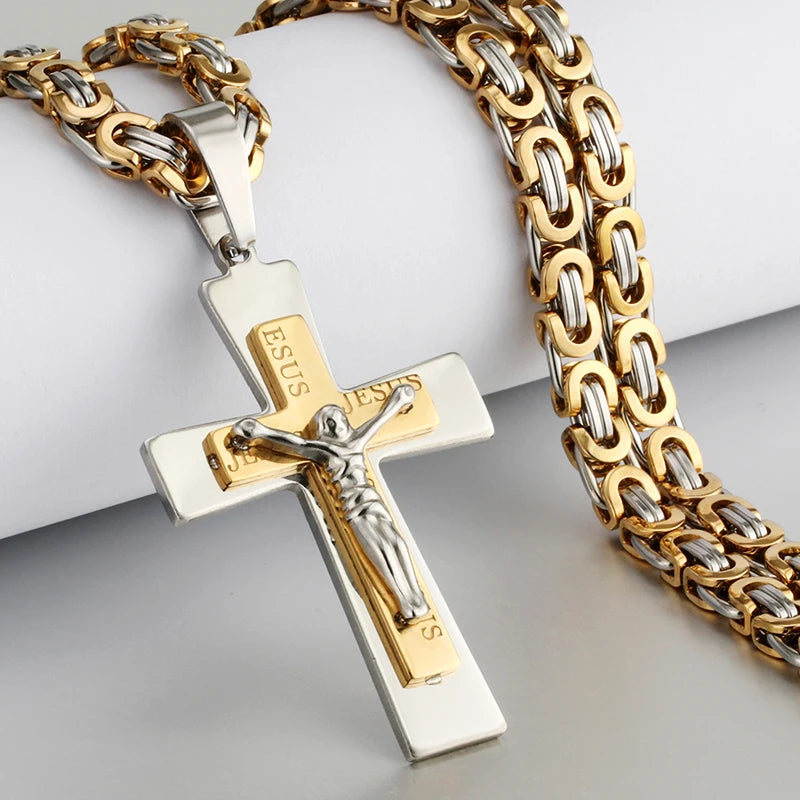 Religious Men Stainless Steel Crucifix Cross Pendant Necklace Heavy Byzantine Chain Necklaces Jesus Christ Holy Jewelry Gifts