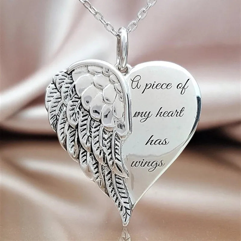 KIMLUD, Hot Sale Women Necklace Letter A Piece Of My Heart Has Wings Gold Silver Alloy Love Heart Wings Pendant Feather Angel Necklaces, Silver, KIMLUD APPAREL - Womens Clothes