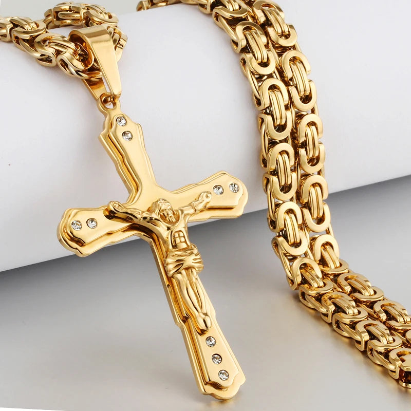 Religious Men Stainless Steel Crucifix Cross Pendant Necklace Heavy Byzantine Chain Necklaces Jesus Christ Holy Jewelry Gifts