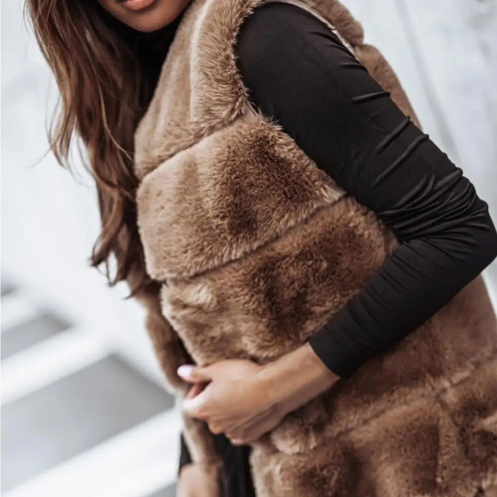 KIMLUD, Autumn Winter Women Jacket Vest Solid Color Round Neck Faux Fur Coat Thick Crew Neck Outerwear Plush Jacket for Women, KIMLUD Womens Clothes