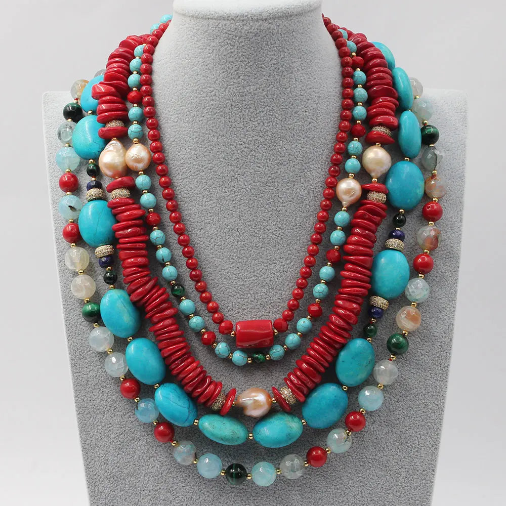 KIMLUD, GG 5 Rows Freshwater Keshi Pearl Howlite Rondelle Tiger eye Red Coral Lapis Crystal Statement Necklace Handmade For Women, Default Title, KIMLUD APPAREL - Womens Clothes