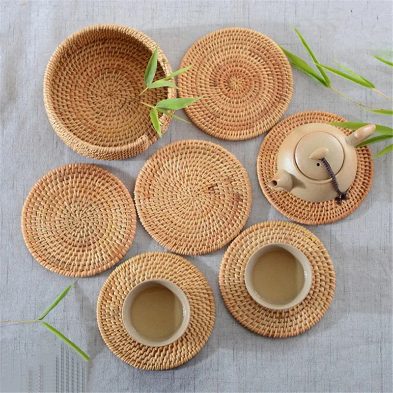 KIMLUD, Rattan Weave Cup Mat Set Drink Coasters Round Pot Pad Table Dish Placemat Home Table Decoration Insulation Handmade Coffee Mat, KIMLUD Womens Clothes