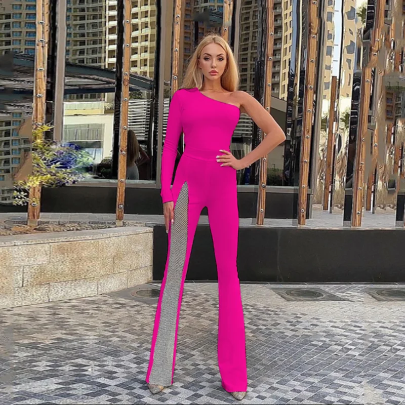 KIMLUD, High Quality Black Red Blue One Shoulder Long Sleeve Rayon Bandage Jumpsuit Sexy Bodycon Celebrity Party Jumpsuits Vestidos, KIMLUD Womens Clothes