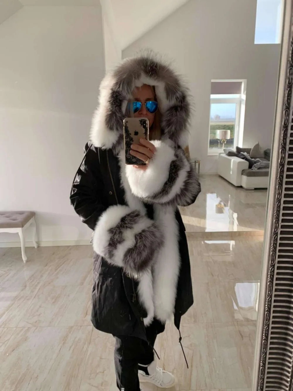 2023 Natural Real Fox Fur Jacke Coat Real Fox Fur Collar Cuff Hooded Coat Short Parka Long Camouflage winter jacket