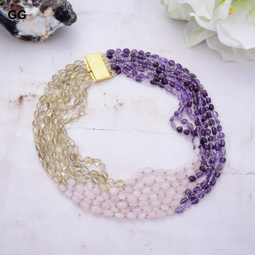 KIMLUD, GuaiGuai Jewelry Unique Real Natural 7 Strands Amethyst Rose Quartz Lemon Quartz Freeform Necklace 18", KIMLUD Womens Clothes