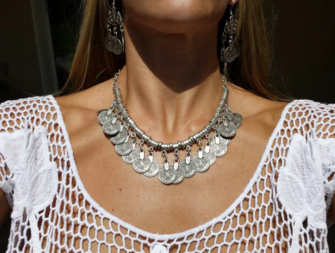 Boho Vintage Ethnic Metal Coins Necklace for Women Gypsy Choker Collar Statement Necklaces Afghan Turkish Maxi Festival Jewelry